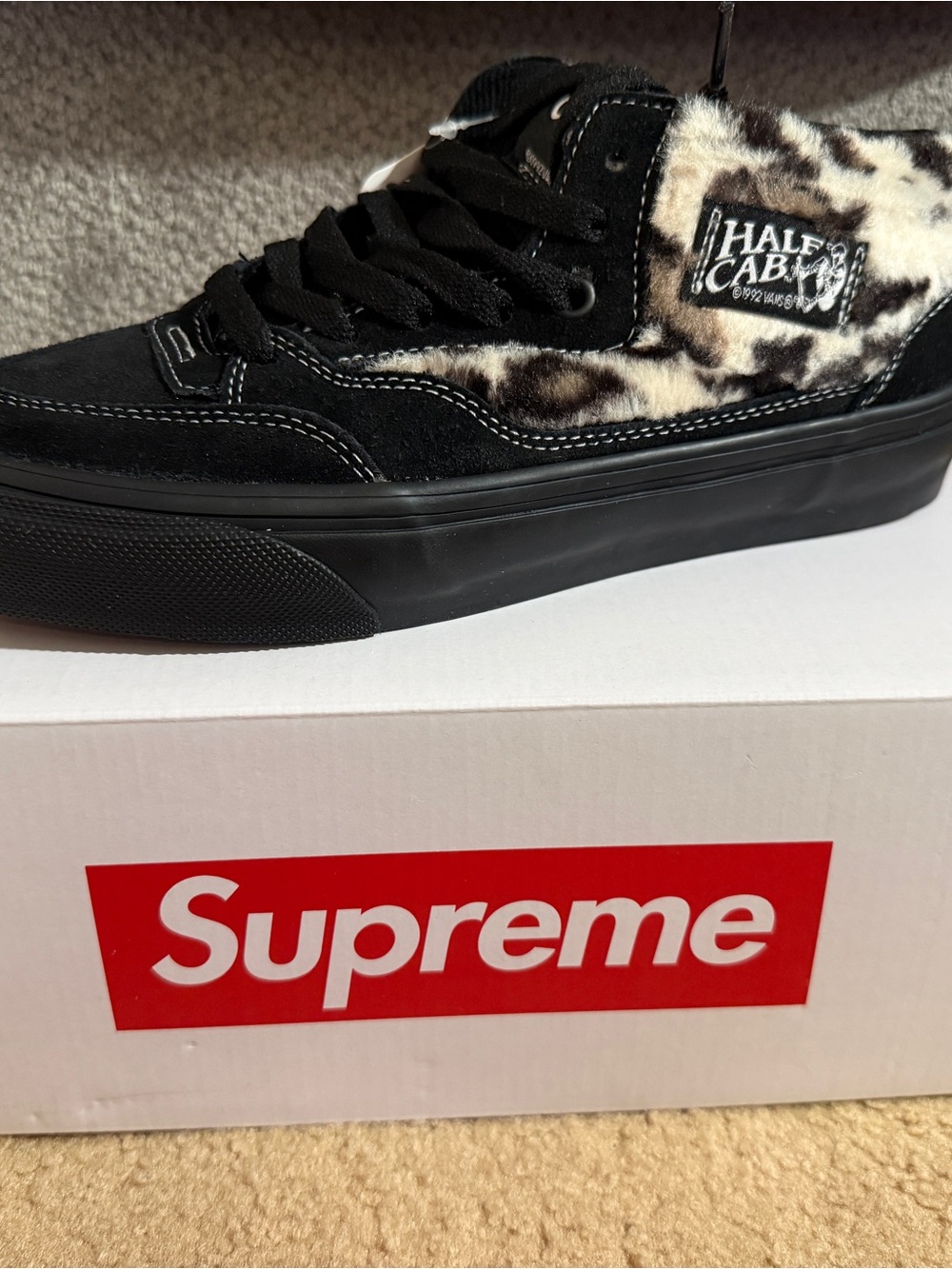 Supreme Black Suede Sneaker with Cream and Brown Leopard Fur Panel